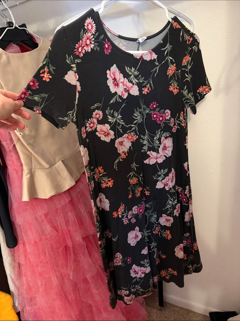Old Navy Black Floral Midi Dress with Pink and Green Print